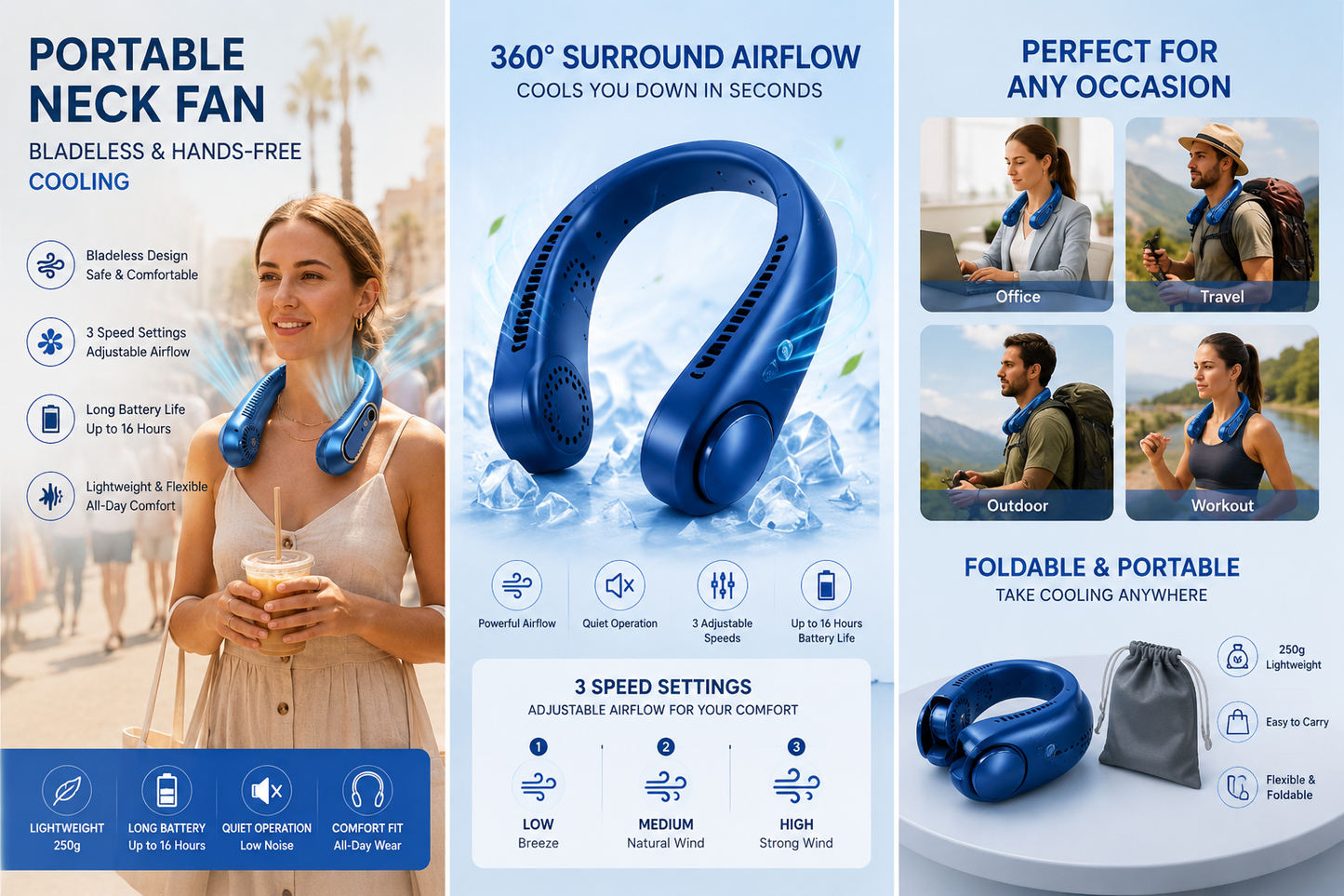 Bladeless Hands-Free Cooling Fan | Rechargeable & Quiet
