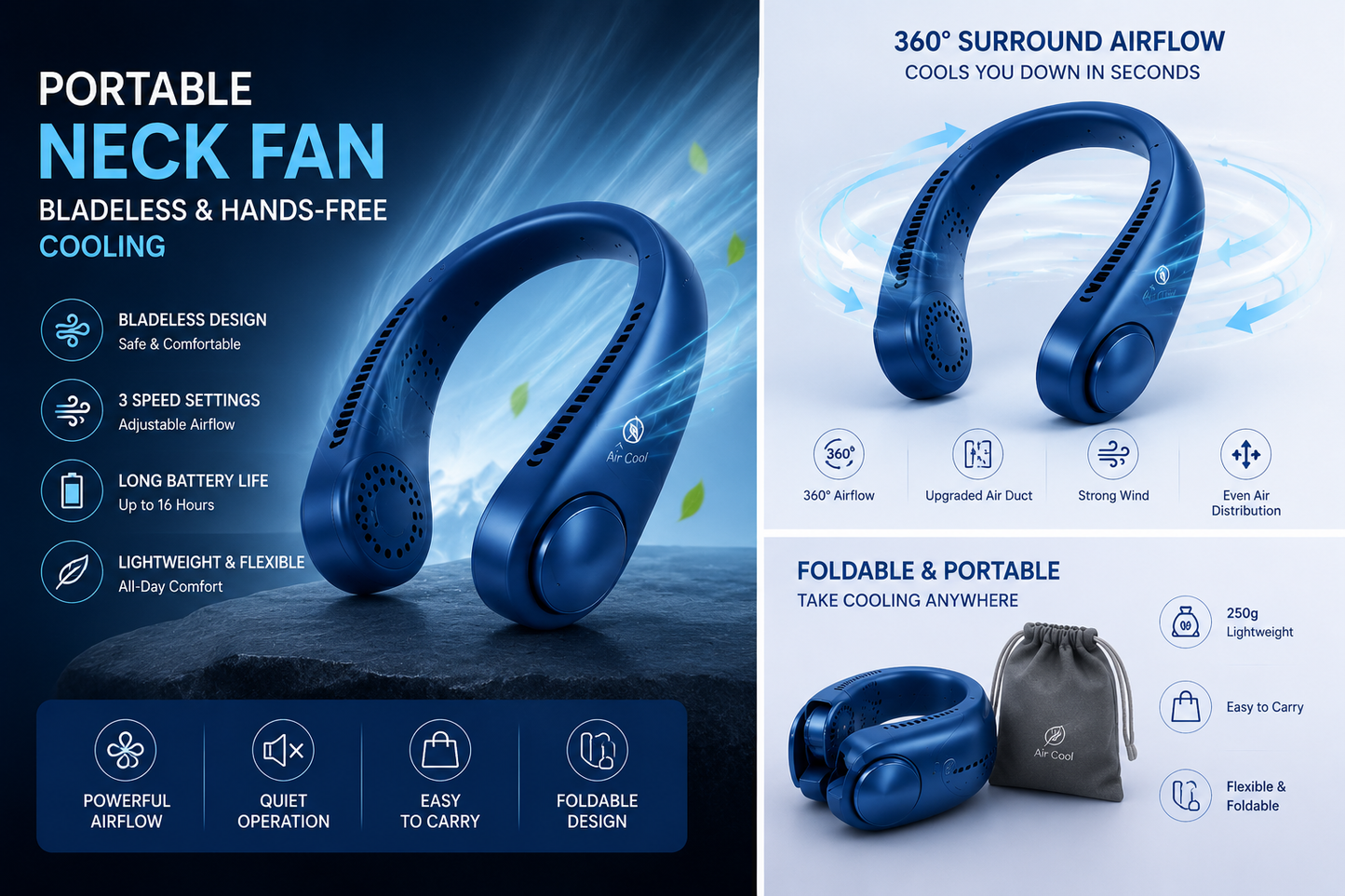 Bladeless Hands-Free Cooling Fan | Rechargeable & Quiet