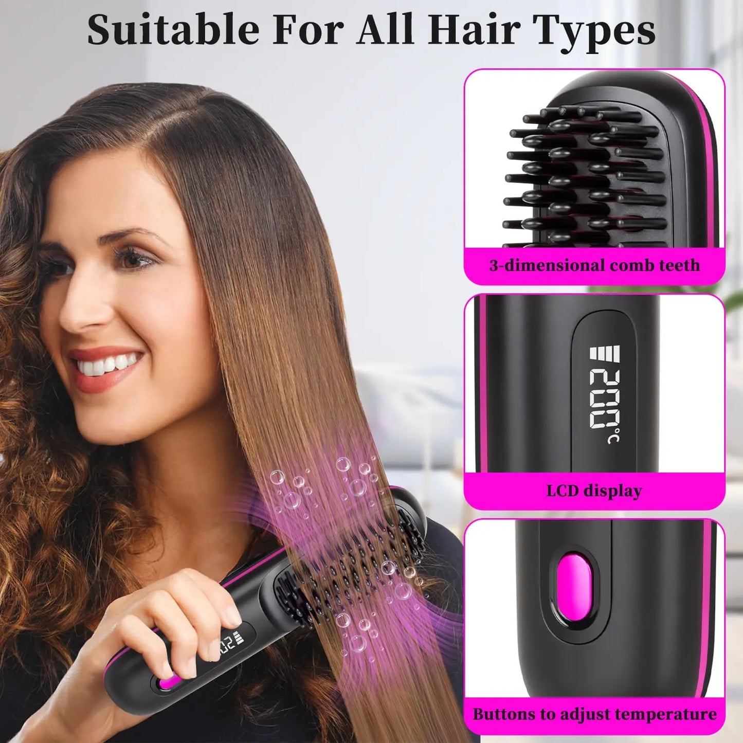 Cordless Portable Hair Straightener Brush – USB Rechargeable Anti-Frizz Comb with LED Display & Ceramic Ionic Coating