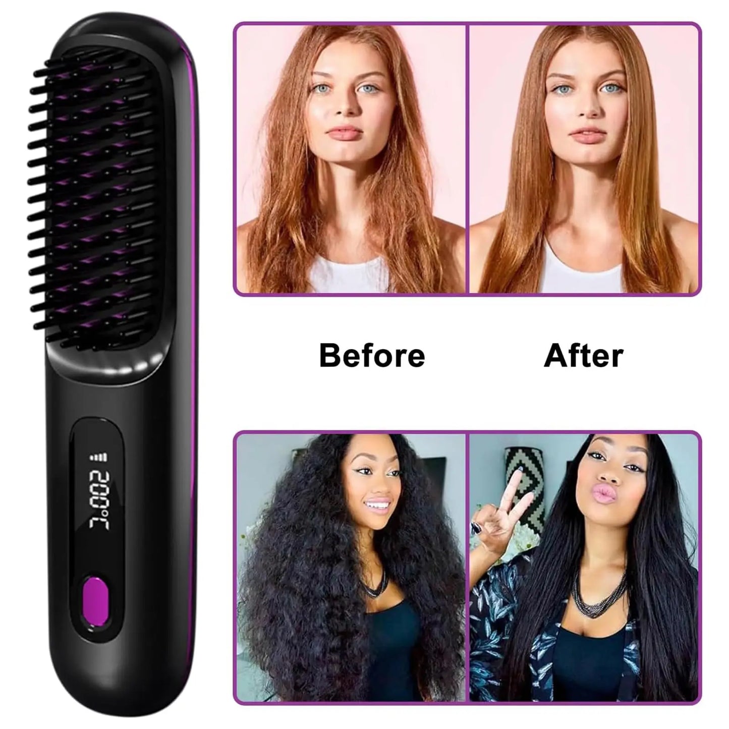 Cordless Portable Hair Straightener Brush – USB Rechargeable Anti-Frizz Comb with LED Display & Ceramic Ionic Coating