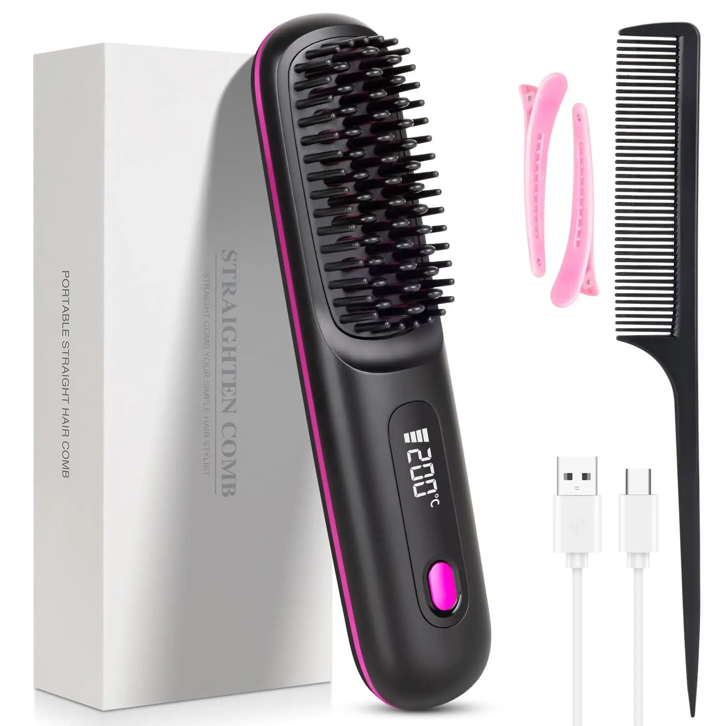 Cordless Portable Hair Straightener Brush – USB Rechargeable Anti-Frizz Comb with LED Display & Ceramic Ionic Coating