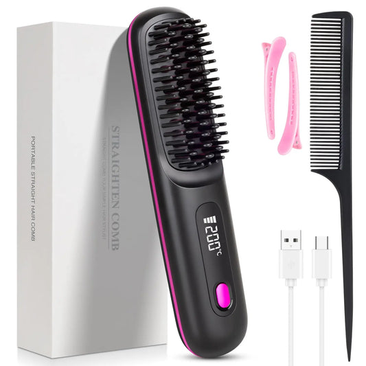 Cordless Portable Hair Straightener Brush – USB Rechargeable Anti-Frizz Comb with LED Display & Ceramic Ionic Coating