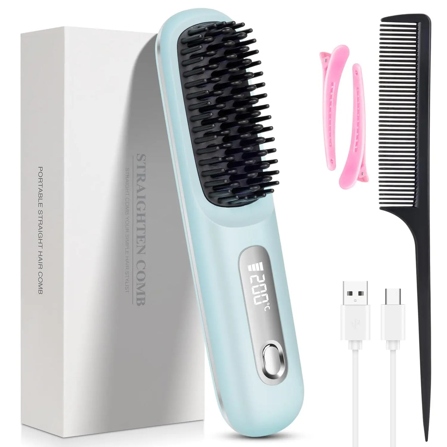 Cordless Portable Hair Straightener Brush – USB Rechargeable Anti-Frizz Comb with LED Display & Ceramic Ionic Coating